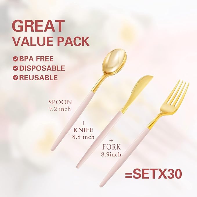 Rubtlamp 90Pcs Gold Plastic Silverware, Fancy Utensils Set With Pink Handles Include 30 Gold Knives, 60Plastic Forks and Spoons, Pink Silverware Heavy Duty For Mother's Day