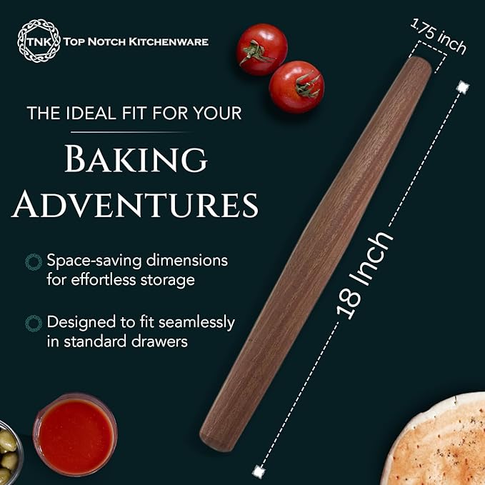 Mahogany French Rolling Pin | Non-Stick Kitchen Tool | Tapered Solid Wood Design for Precise Baking | Ideal for Professional & Home Bakers