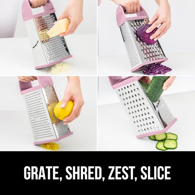 GORILLA GRIP® XL 4-Sided Stainless Steel Cheese Grater With Measurement Container, BPA-Free Box Grater, Slip Resistant Base, Grate Hard Parmesan, Shred Veggies, Zest Citrus, Dishwasher Safe, Pink