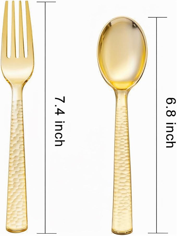 KIRE 400PCS Gold Plastic Spoons and Forks Disposable - Gold Plastic Silverware Set Disposable Spoons and Forks Set for Thanksgiving Party,Birthday