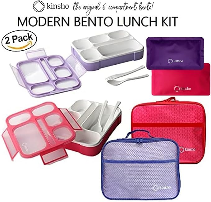 kinsho Bento Lunch Box Set of 2, Ice Pack with Insulated Bag, Pink & Purple