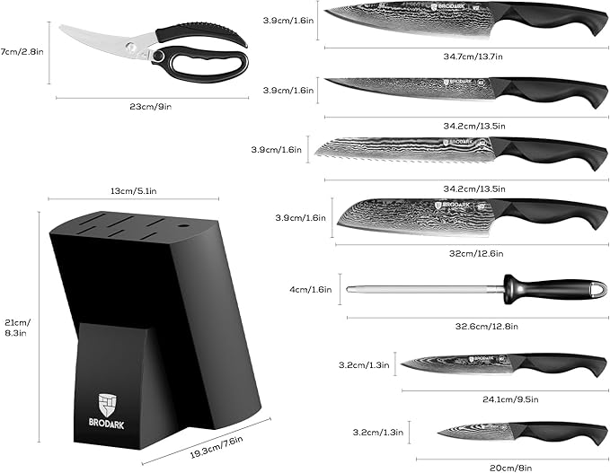 BRODARK Knife Set, 9PCS Damascus Knife Set with Block, Japanese Knives