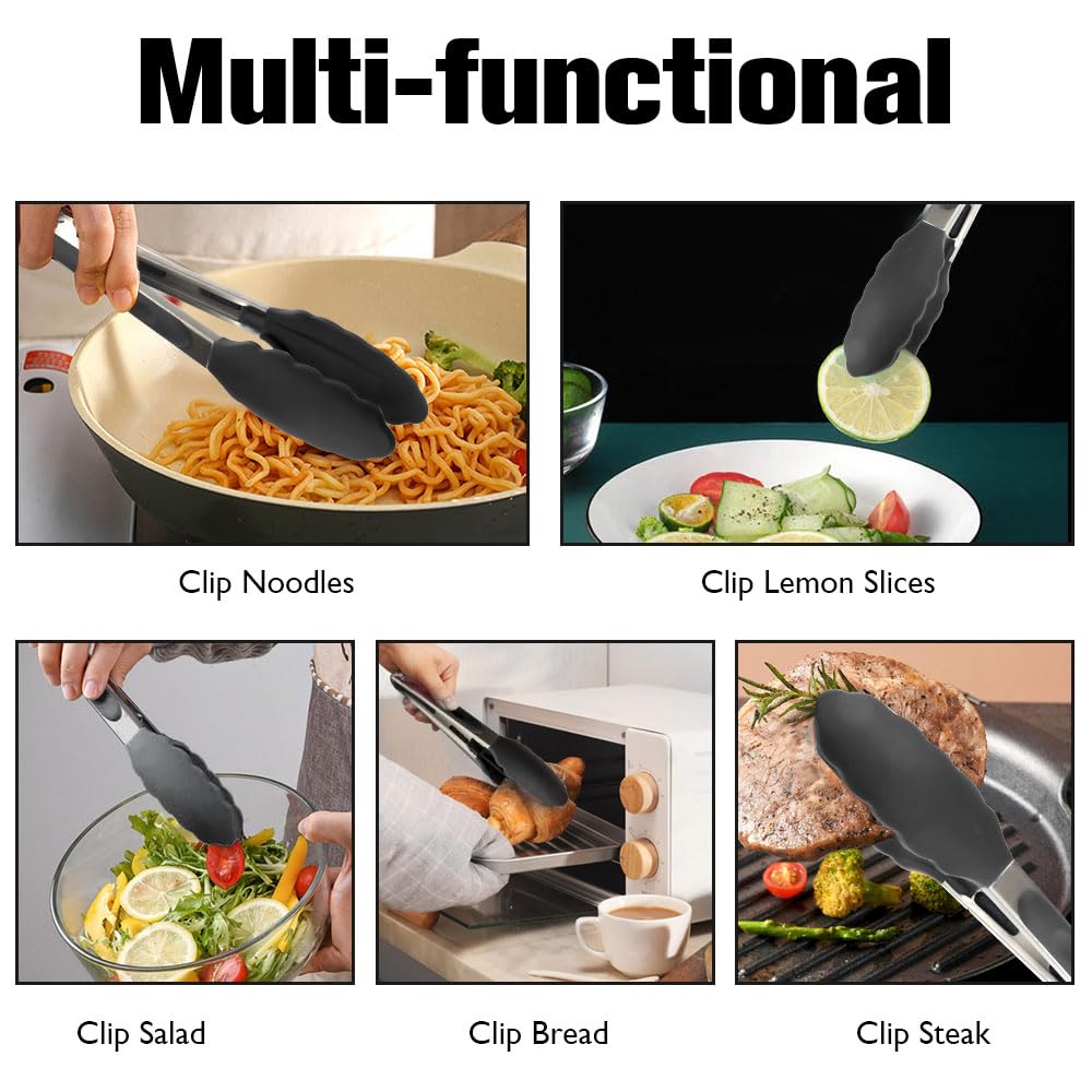 Kitchen Tongs 9'' and 12'' Tongs for Cooking 2 Pcs Black Silicone Tongs Stainless Steel Locking Food Tongs with Silicone Tips Heat Resistant Serving Tong for BBQ Food Grilling Salad Kitchen Utensils