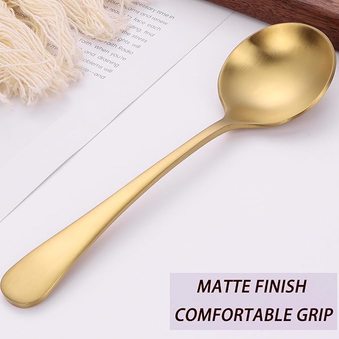 Mafier 7" Round Soup Spoons Set of 4,18/10 Stainless Steel Heavy Duty with Deep Bowl,Matte Stain Finish,Dishwasher Safe(Gold)
