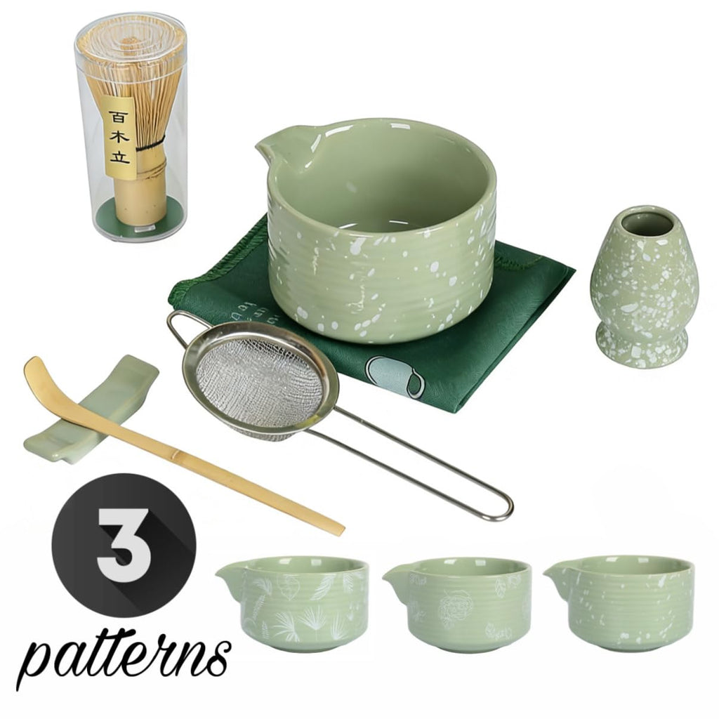 Matcha Whisk Set, Ceramic Matcha Set Includes Matcha Bowl with Spout, Whisk & Holder, Bamboo Scoop, Stainless Sifter, Towel, Matcha Kit Making Tools,Light Green,7 PCS