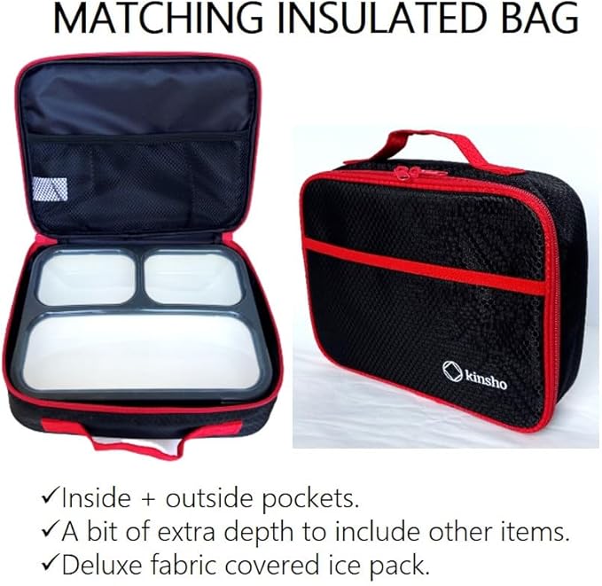 kinsho Bento Lunch Box, Ice Pack Insulated Bag for Kids & Boys, Black & Red
