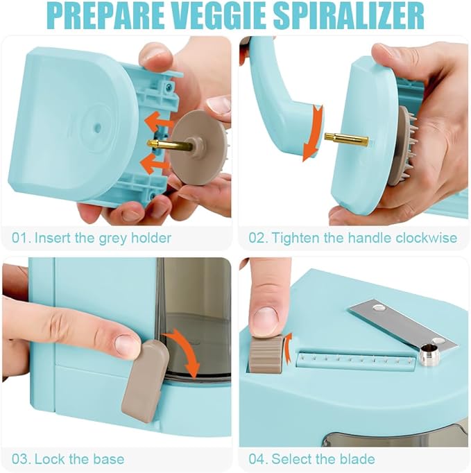 Badelite Vegetable Spiralizer 4-IN-1 Rotating Blade Veggie Spiralizer Zucchini Noodle Maker with Strong Suction Cup Spiral Vegetable Cutter Slicer - Blue