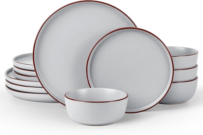 Famiware Mercury 12-Piece Stoneware Dinnerware Set, Light Grey