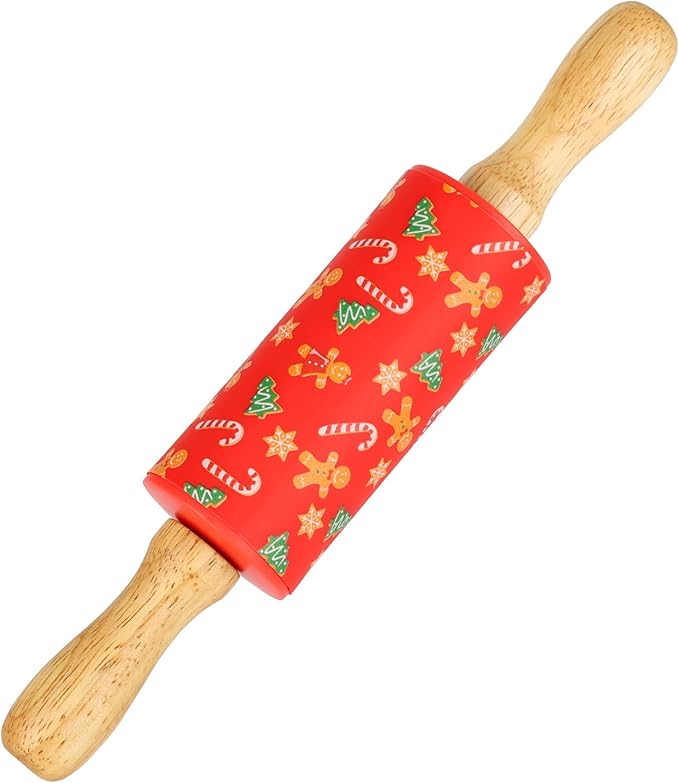 Honglida Mini Silicone Rolling Pin for Kids, Non-stick Surface Wood Handle, 9 Inch 1 Pack Red Christmas Tree