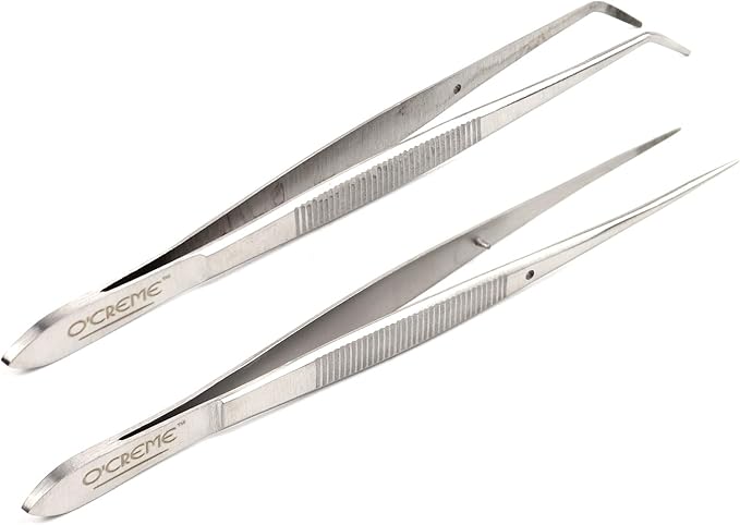 O'Creme Stainless Steel Tweezer Tongs, Curved & Straight 2-Pack