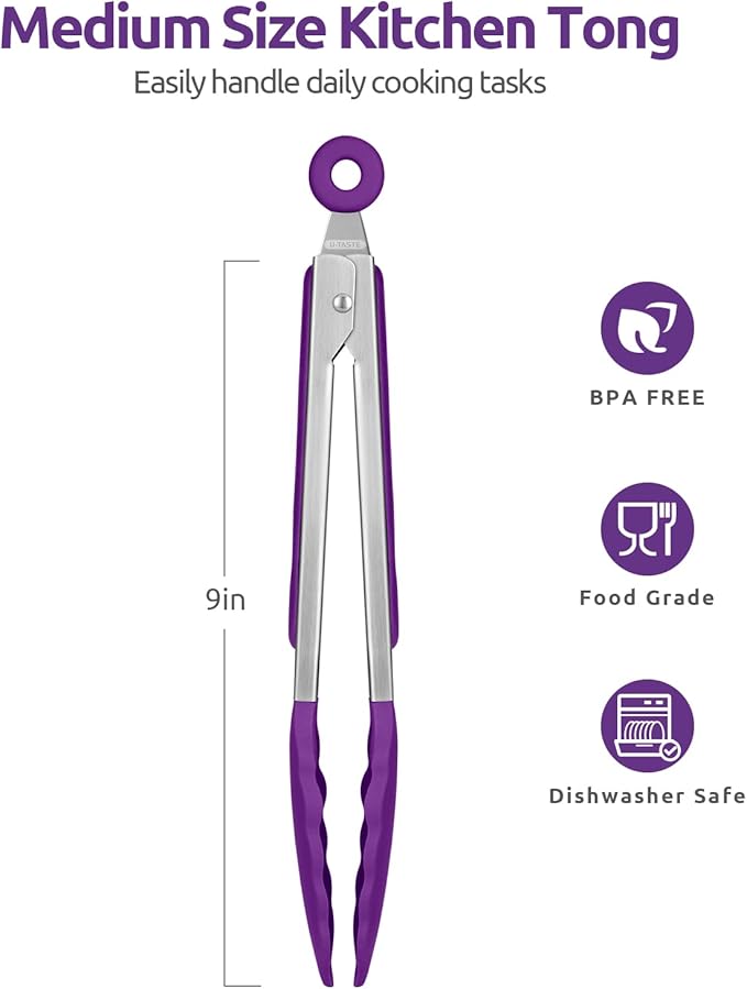 U-Taste Kitchen Tong for Cooking, 480ºF Heat-Resistant Tps, 9in/Purple