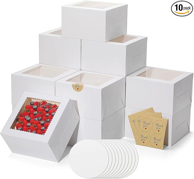 EQOREIIN 10Pack 8 inch Small Cake Boxes with Cake Board and Stickers