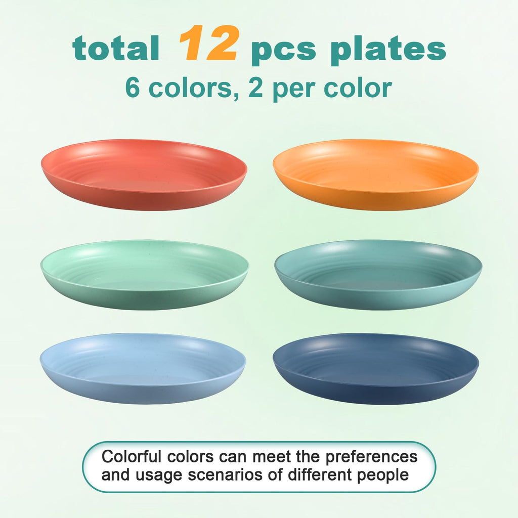 HEYCOME 12 Pcs Unbreakable Deep Dinner Plates Set, 9 inch Reusable Plastic Wheat Straw Plates, Microwave and Dishwasher Safe Plate for Kitchen, Lightweight Plate for Dessert, BPA Free, 6 Colors