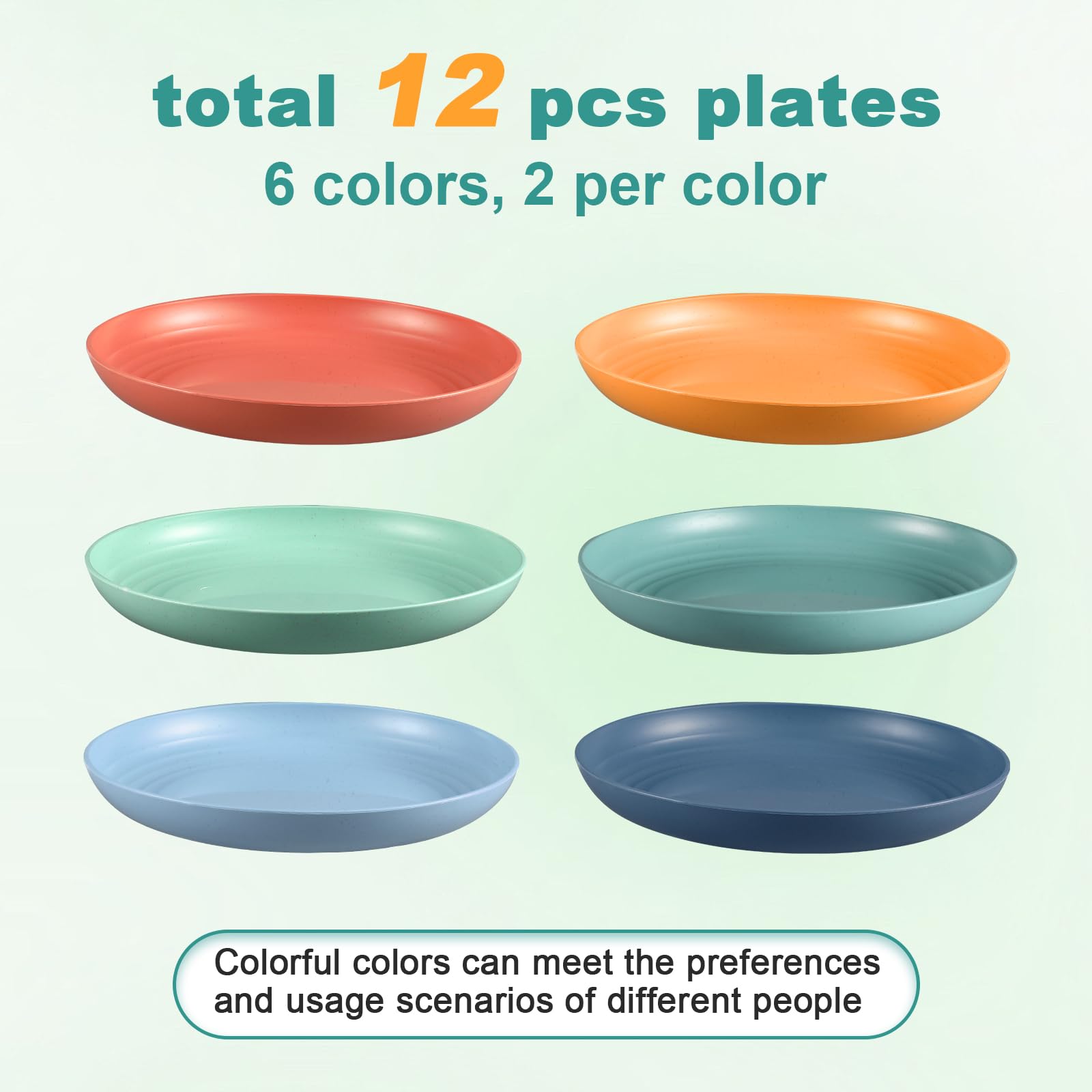 HEYCOME 12 Pcs Unbreakable Deep Dinner Plates Set, 9 inch Reusable Plastic Wheat Straw Plates, Microwave and Dishwasher Safe Plate for Kitchen, Lightweight Plate for Dessert, BPA Free, 6 Colors