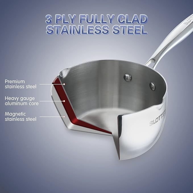 SLOTTET Tri-Ply Whole-Clad Stainless Steel Sauce Pan with Pour Spout,2.5 Quart Small Multipurpose Pasta Pot with Strainer Glass Lid, Saucepan for Cooking with Stay-cool Handle.