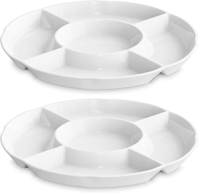LAUCHUH Veggie Tray Set of 2, Porcelain Chip & Dip Serving Set Divided Serving Platter White Serving Tray for Party, Fruits, Veggies, Candy, Snack, Dessert, 12 inch