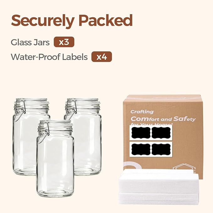 ComSaf Glass Pantry Jars with Airtight Lids 34 oz 3 Pack Coffee Canisters