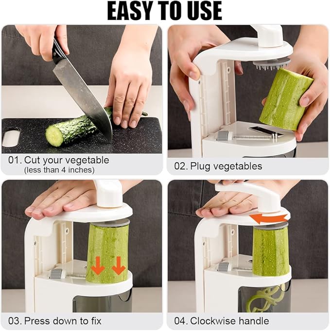 Badelite Vegetable Spiralizer 4-IN-1 Rotating Blade Veggie Spiralizer Zucchini Noodle Maker with Strong Suction Cup Spiral Vegetable Cutter Slicer - White