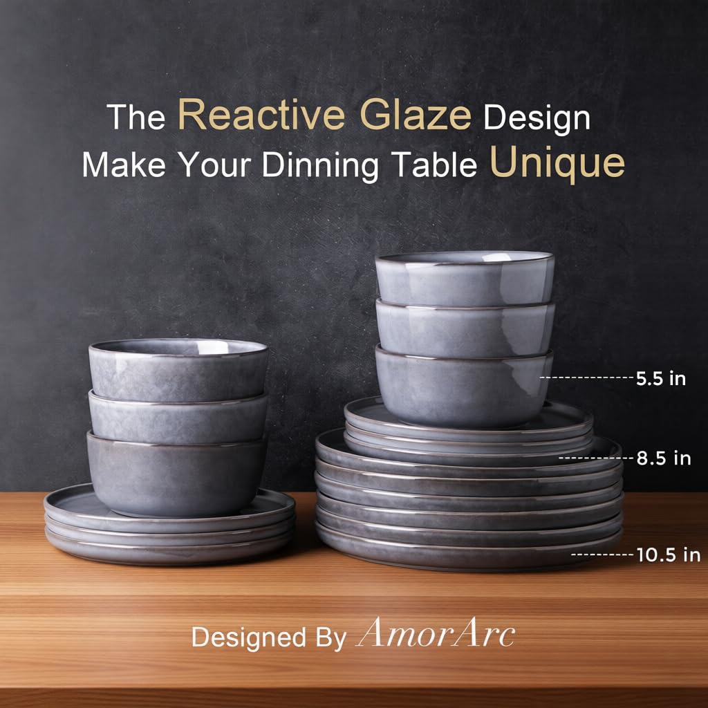 AmorArc Stoneware Dinnerware Sets for 6, 18Pcs Plates and Bowls Sets Dishes