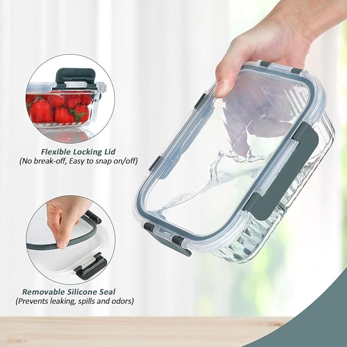 KOMUEE 10 Packs Glass Meal Prep Containers with Lids, Glass Food Storage Containers Set, Airtight Lunch Containers, Microwave, Oven, Freezer and Dishwasher Safe
