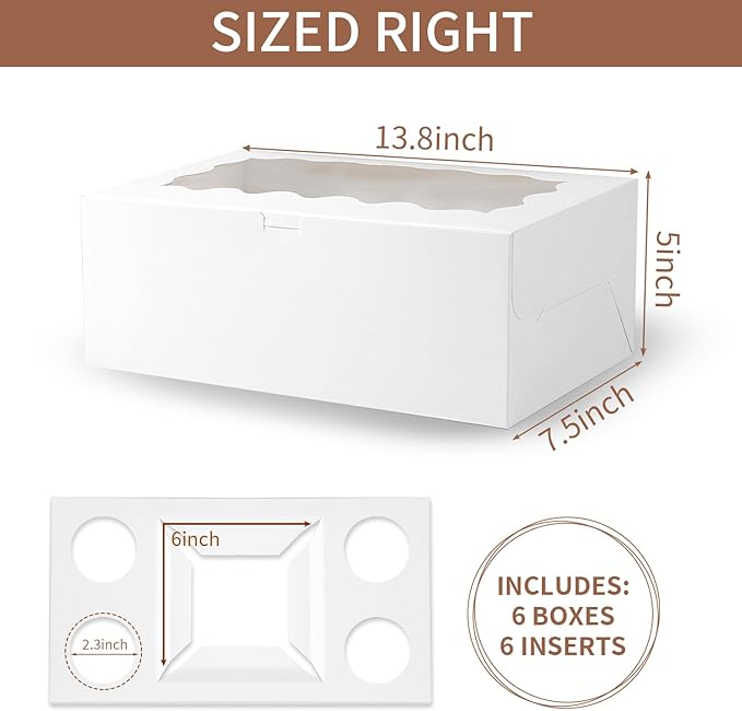 PFAMKEER Bento Cake Box With Cupcakes, Clear Window 5 Holes Bento Combination,6 Sets: Cookie Boxes Fit 4 Regular Cupcake and Mini Cakes, Christmas Wedding Birthday Party (White/clear, 1+4/6pcs)
