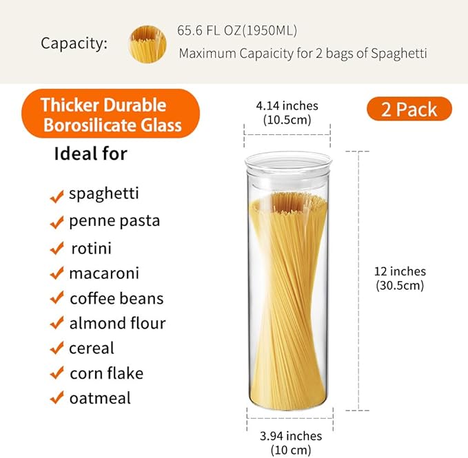 ZENS Glass Spaghetti Storage Container, 65oz Tall Glass Jars Set of 2