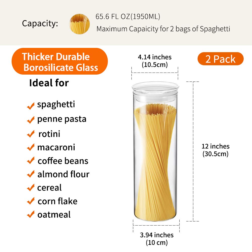 ZENS Glass Spaghetti Storage Container, 65oz Tall Glass Jars Set of 2