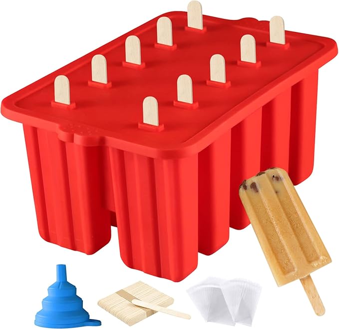 Silicone Popsicles Molds,10 Cavity Homemade Popsicle Molds DIY Ice Pop Molds for Kids & Adults Food Grade BPA-Free with Popsicle Maker Sticks Popsicles Bags A Funnel (Red)