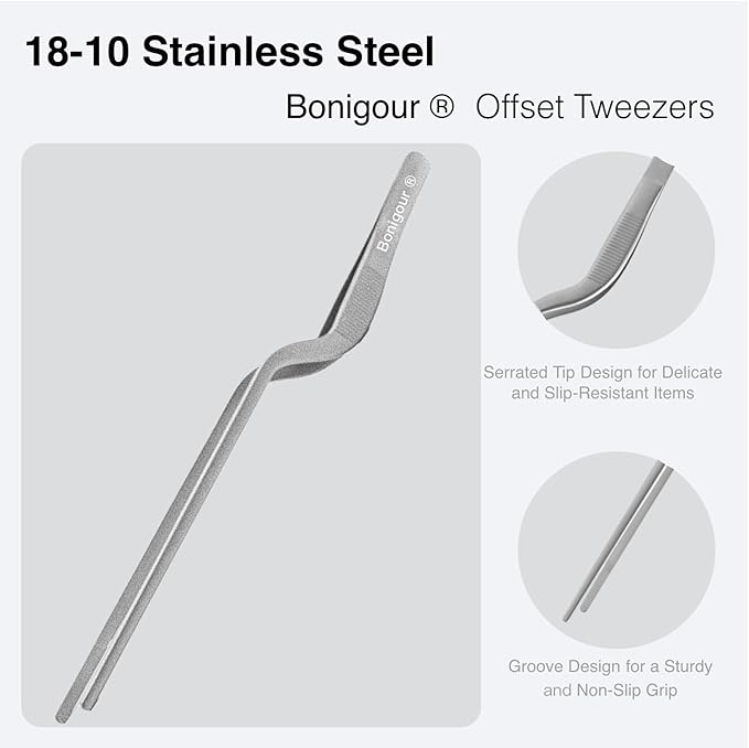 Bonigour 8 Inch Precision Offset Tweezers, Kitchen Culinary Stainless Steel Tongs, Curved Kitchen Cooking Multi-function Chef Precision Tweezer Tongs for Plating, Food Decorating and ect (Silver)