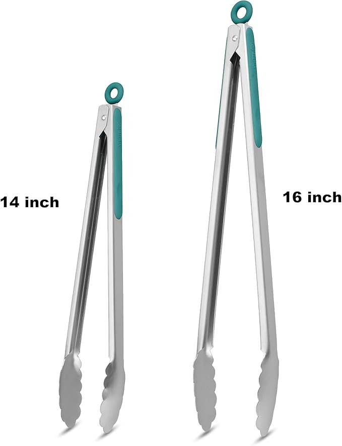 304 Stainless Steel Kitchen Cooking Tongs, 14 & 16", Set of 2, Aqua Sky