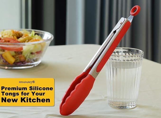 HINMAY Silicone Cooking Tongs 9-Inch Serving Tongs, Set of 3 (Red)