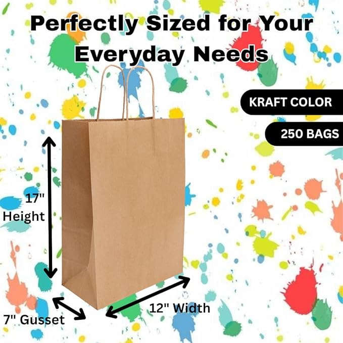 ASSUREPAK Kraft Flat Handle Paper Bags, 12" x 7" x 17", 110 GSM, 250 Count