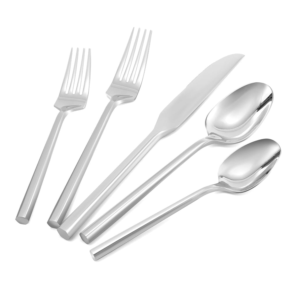 DEACORY Silverware Set Flatware Set Stainless Steel Cutlery Set Silver Mirror Finished Hexagon Handle 5 Pieces Service for 1