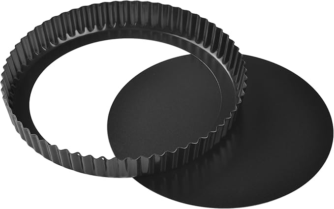 Bakeley 10-Inch Round Tart Pan with Loose Removable Bottom, Non-Stick Carbon Steel Quiche Pan for Oven Baking (Black)