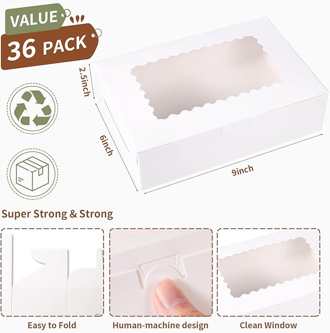 PFAMKEER 36 pcs Cookie Boxes,9x6x2.5 Inch Large Bakery Boxes with Window for Pies Chocolate Strawberries Muffins Donuts Pastry Dessert Christmas (White, 9 * 6 * 2.5inch/36pcs)
