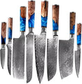 The Epicurean Cook Real Forged Damascus 8pc Japanese-Style Knife Set Blue