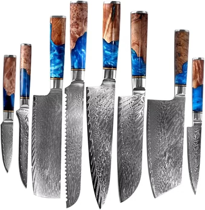 The Epicurean Cook Real Forged Damascus 8pc Japanese-Style Knife Set Blue