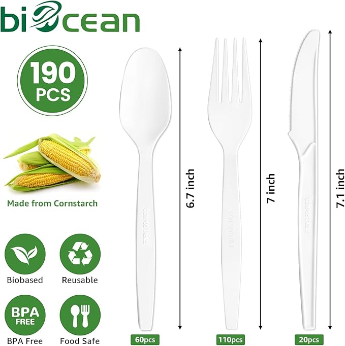 Biocean Extra Heavyduty Compostable Cutlery Set - 190 Count Large Disposable Utensils No Plastic Forks Spoons Knives Biodegradable Fork Eco Friendly Silverware for Party,BBQ,Daily Use,Events,Picnic