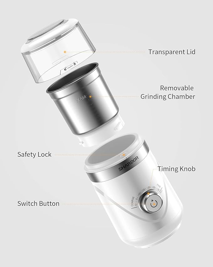SHARDOR Electric Super Silent Blade Coffee Grinder, Timed Grind Control Rotary Knob, Adjustable Coarse to Fine for Coffee Beans, Spices & Herbs, with 2 Removable Stainless Steel Bowl, Brown