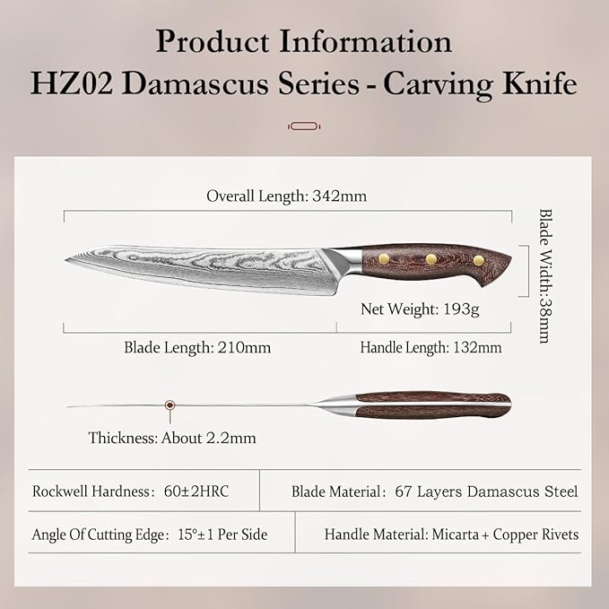 HEZHEN 8.3'' Damascus Carving Knife – 67 Layers Damascus Steel, Professional Brisket Slicing for BBQ, Smoked Meat & Roast, Full Tang Micarta Handle, Gift Packing