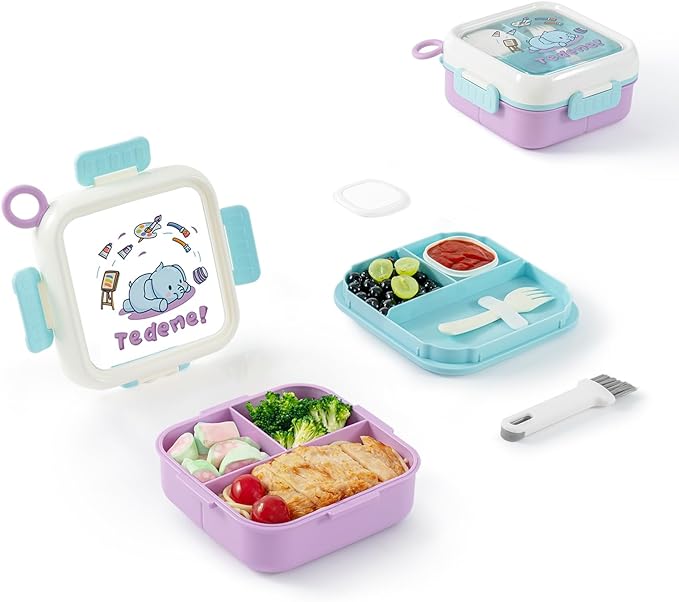SAYAPE Bento Box for Kids Adults – Cute Cartoon 2-Layer Lunch Box with Fork, Sauce Cup & Brush, BPA-Free, 3-Compartment Square Snack Container with Handle for School, Office, or Travel (Purple)