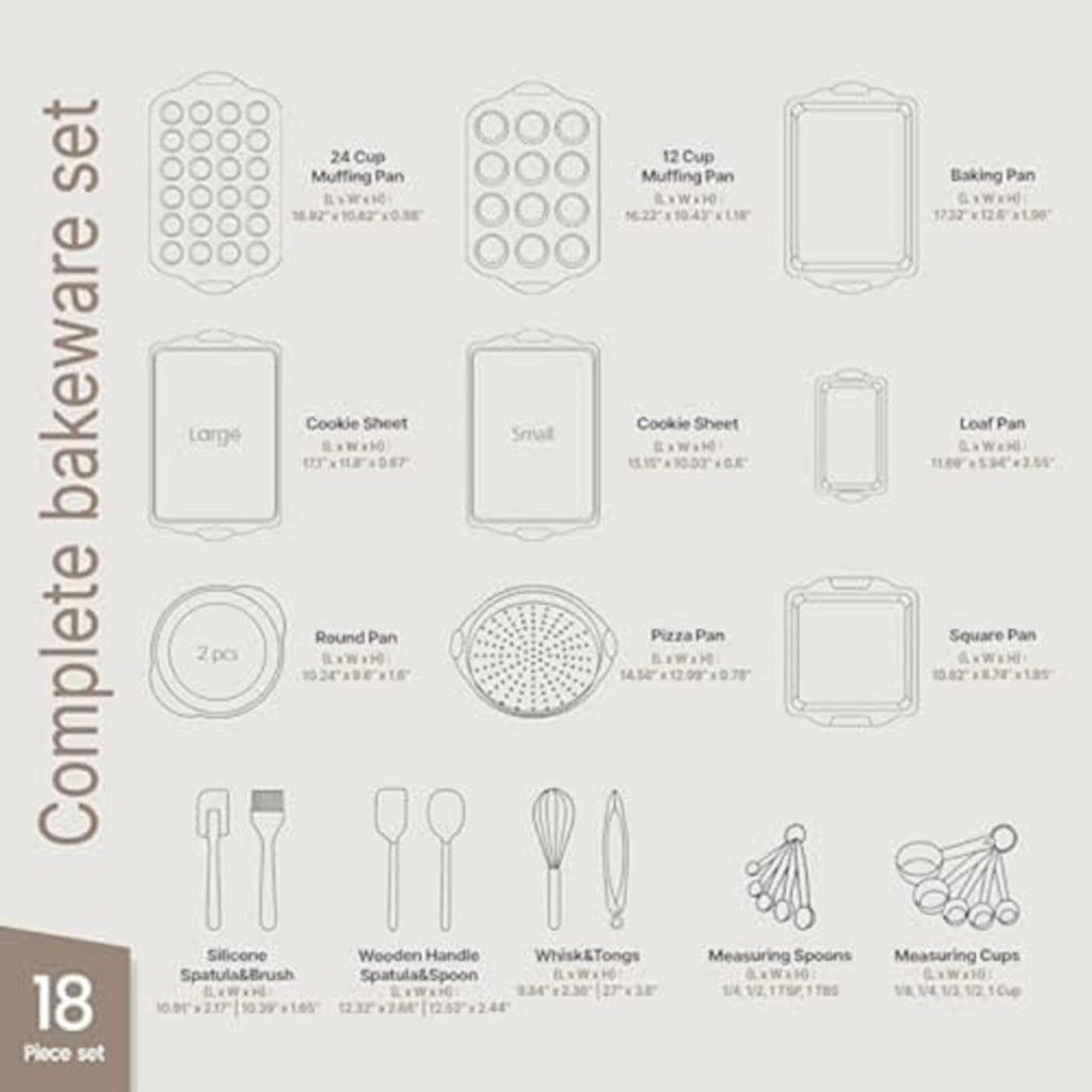 BAKKENMASTER 18-Piece Deluxe Nonstick Carbon Steel Bakeware Set - Professional Kitchen Oven Baking Pans with White Silicone Handles and Accessories