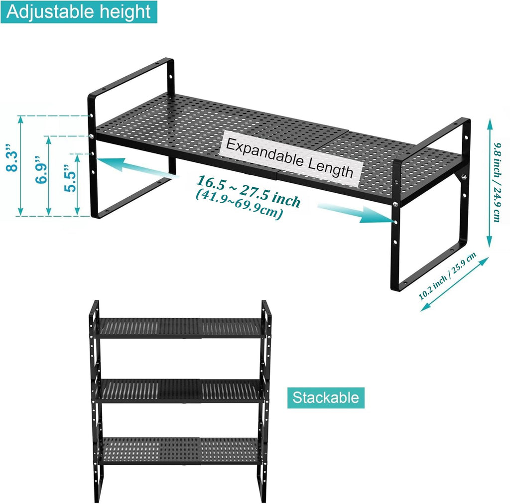 iPEGTOP Large Expandable Cabinet Storage Shelf Organizer Rack, Heavy Duty Stackable Steel Metal Spice Rack Adjustable Height Office Pantry Garage Shelves for Counter Kitchen, Black - 1 Pack