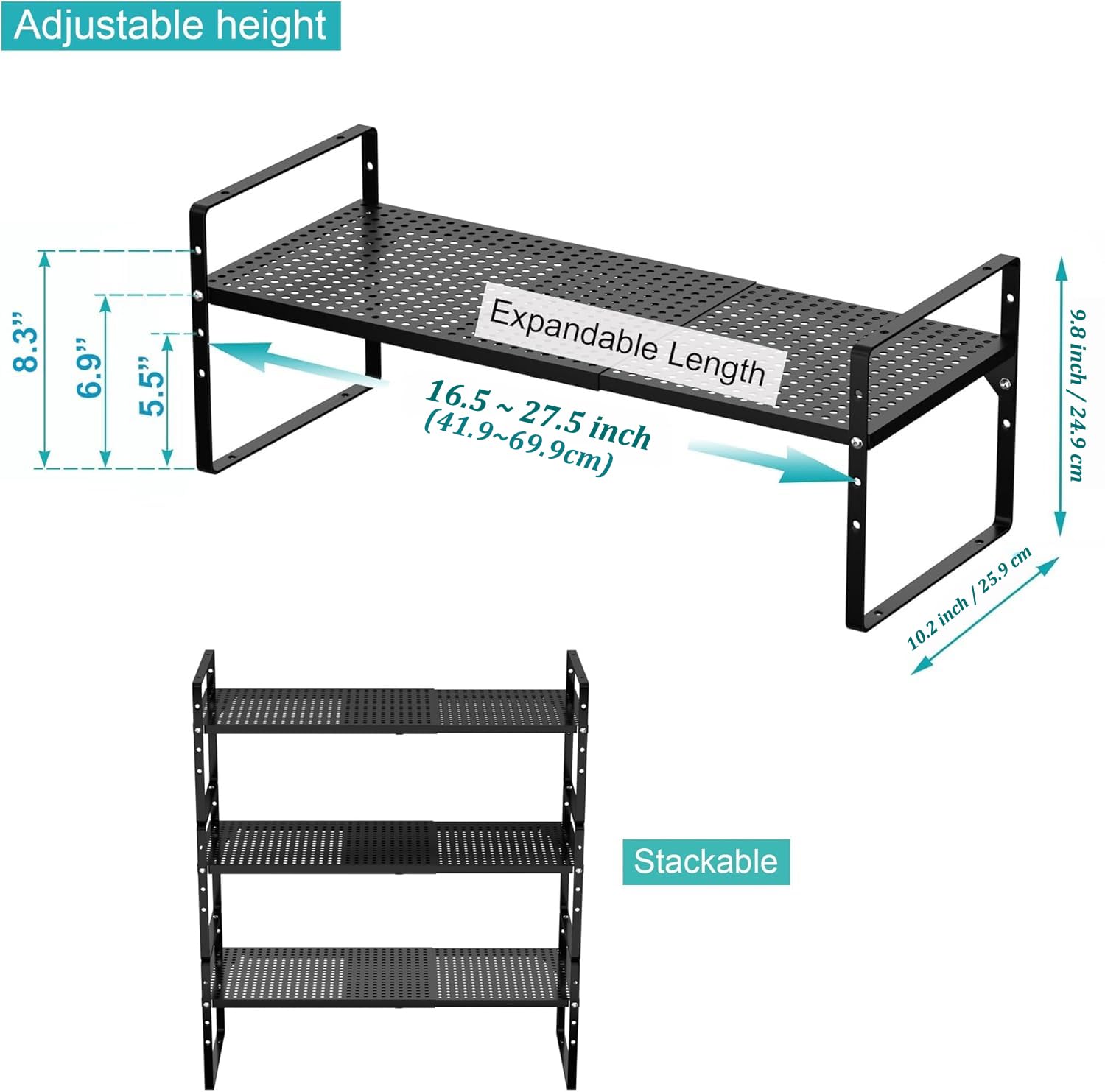 iPEGTOP Large Expandable Cabinet Storage Shelf Organizer Rack, Heavy Duty Stackable Steel Metal Spice Rack Adjustable Height Office Pantry Garage Shelves for Counter Kitchen, Black - 1 Pack