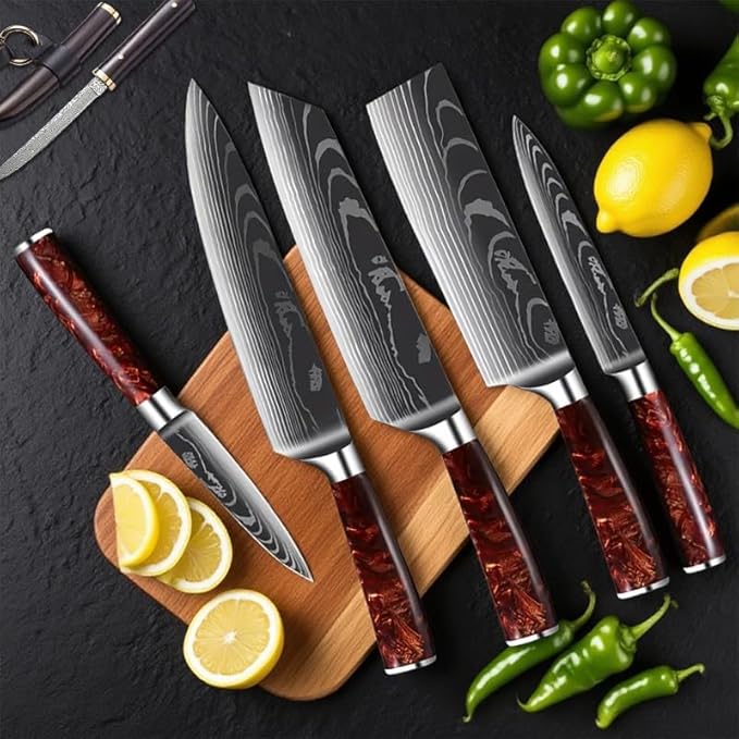 FIVE COWS 8-Piece Premium Japanese Kitchen Knife Set - Star Collection, Laser Damascus Pattern, 440A Stainless Steel Ultra Sharp for Fast Cutting (DMS-8A-Red)