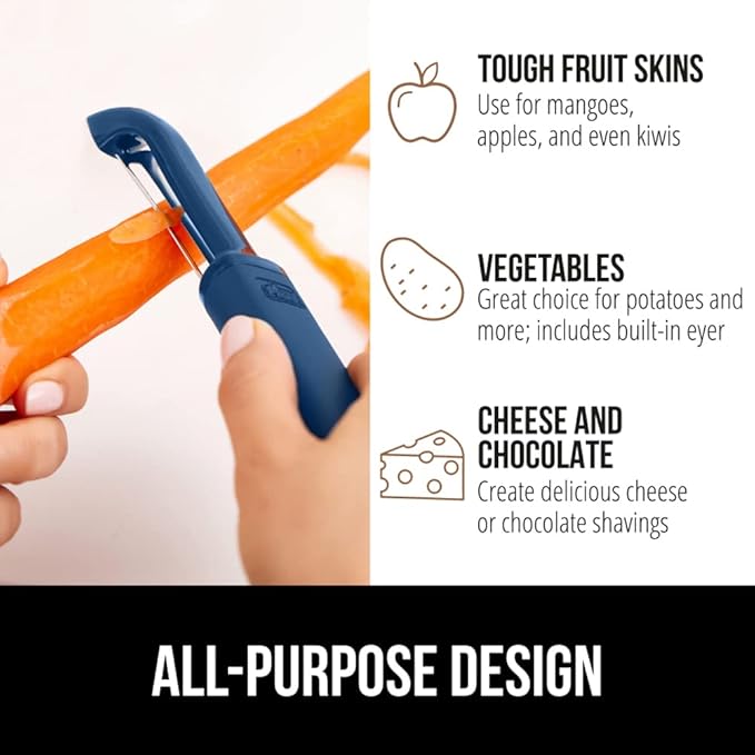 GORILLA GRIP® Patented BPA-Free Vegetable Peeler, Extra Sharp Swivel Stainless Steel Blades with Guard, Comfortable Soft Handle, Easily Peel Carrots or Fruit, Potato Eye Remover, Dishwasher Safe, Blue