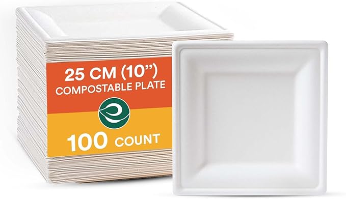 ECO SOUL 10 Inch Disposable Bagasse Paper Plates (100 Pack, Square)