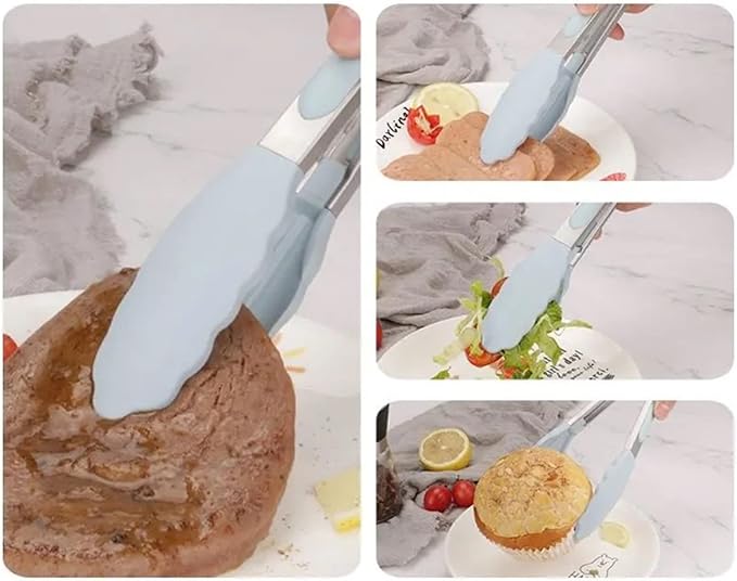 ZHIYE 4Pcs Silicone Tongs, Kitchen Tongs 7” Non-slip & Easy Grip Stainless Steel Handle - Smart Locking Clip - Heat Resistant, Food Grade
