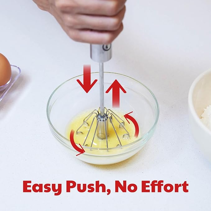 Stainless Steel Push-Down Rotary Egg Beater Hand Whisk 2 Pack 12 & 14 Inch