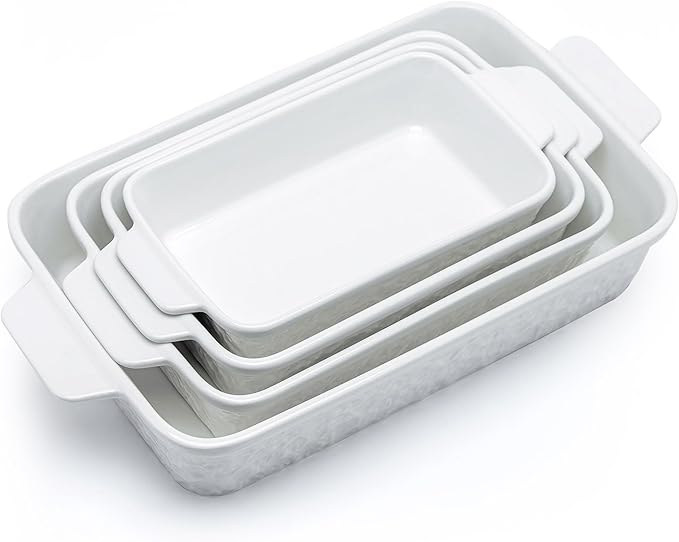 Dafuceramic Casserole Dishes for Oven, Baking Dishes, Ceramic Bakeware Sets of 4, Rectangular Baking Pan Set with Handles for Baking, Casserole, Kitchen, Wedding Gift,White